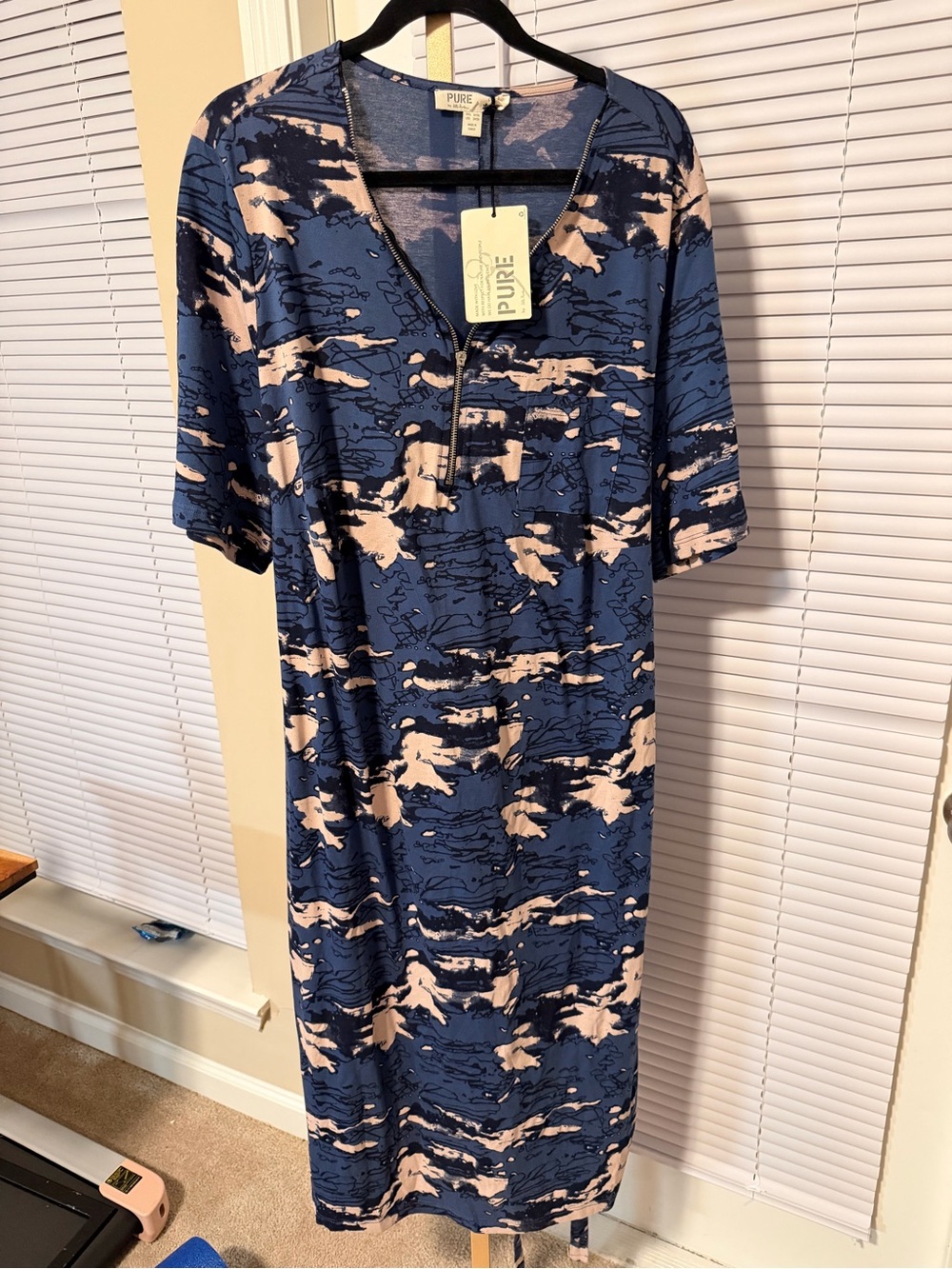 Pure Ulla Popken Organic Blue & Cream Abstract Print Relaxed Fit Dress - Picture 2 of 3